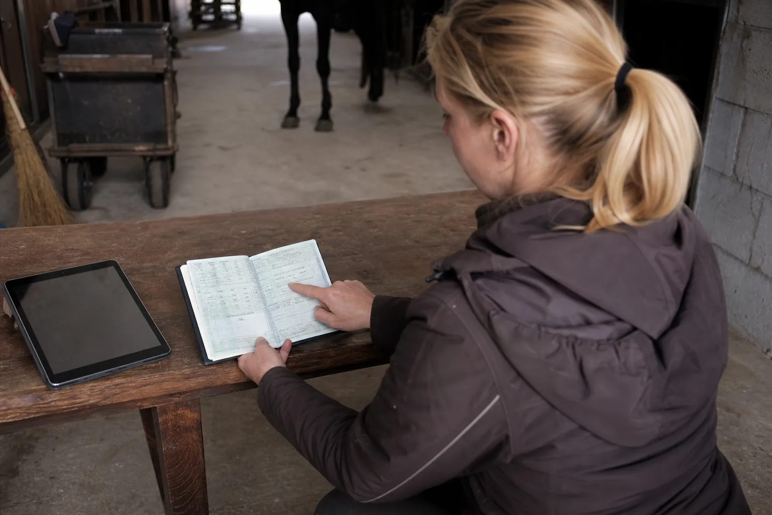 Equidenpass und digitales Bestandsregister auf einem Tablet im Pferdestall
