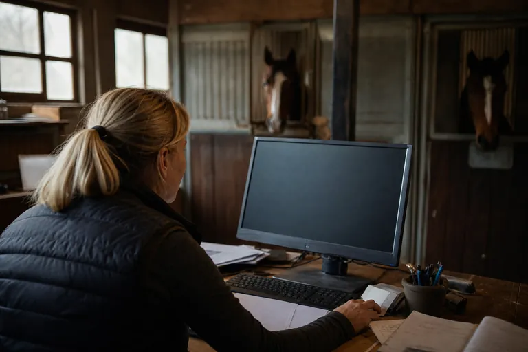 Stallbetreiberin erstellt am Schreibtisch Monatsrechnungen für Einstellpferde
