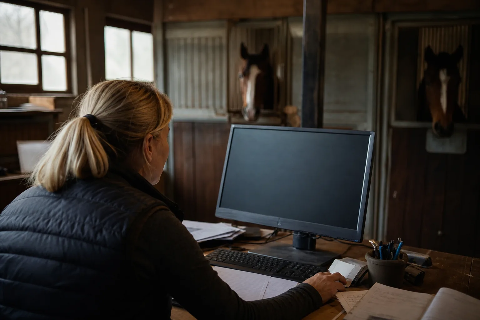 Stallbetreiberin erstellt am Schreibtisch Monatsrechnungen für Einstellpferde