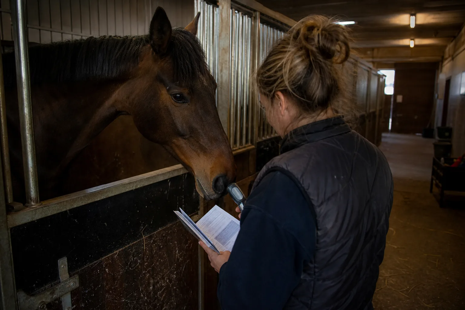 Stallbetreiberin prüft den Equidenpass eines neu eingestellten Pferdes