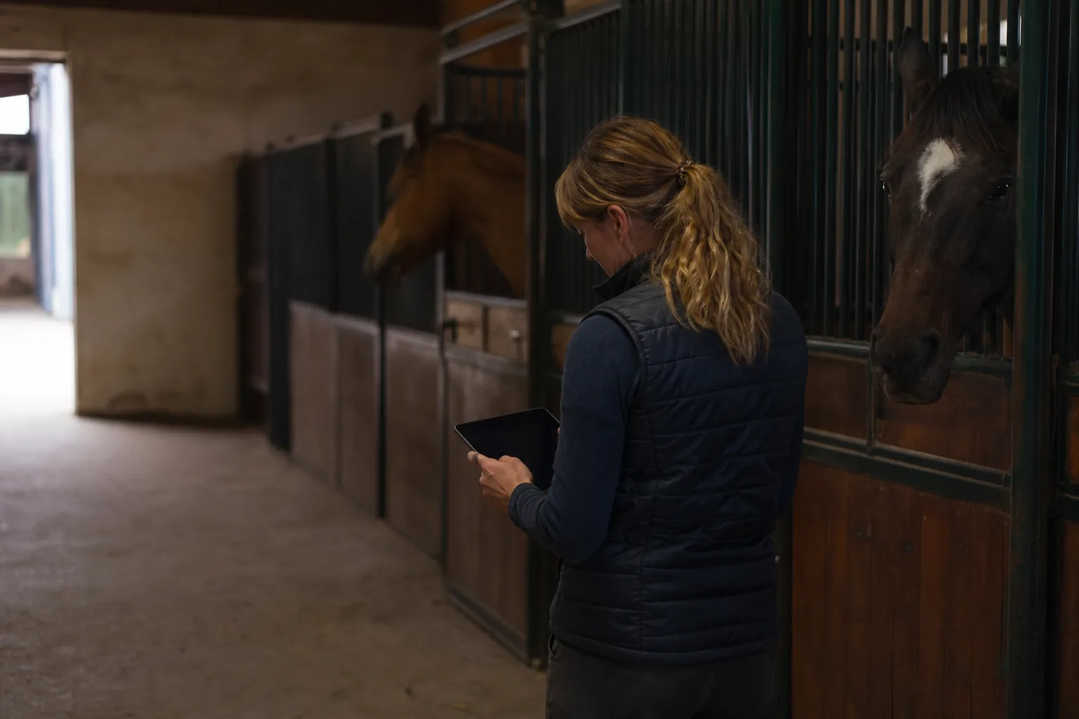 Stallbetreiberin kontrolliert die Boxenbelegung auf einem Tablet in der Stallgasse